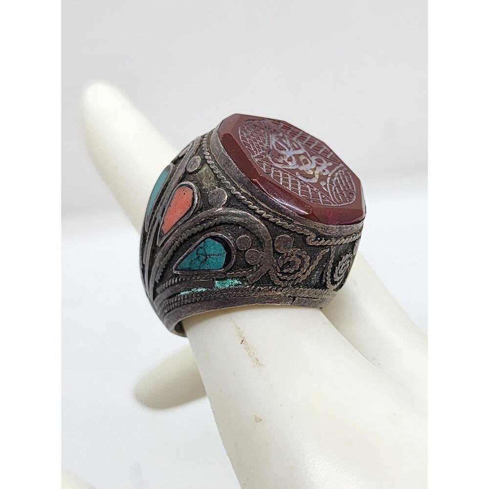Vintage Ring Turkmen Silver Carved Turquoise Coral Inlay Sz 8.5 Arabic BIG - Picture 16 of 16